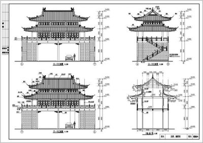 某地3层框架结构仿古门楼建筑施工图